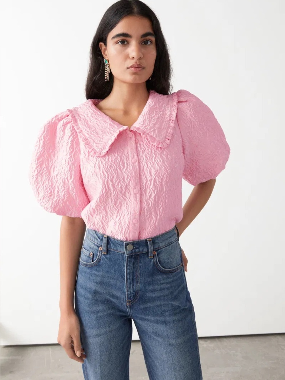 & Other Stories • Textured Ruffle Collar Puff Sleeve Top